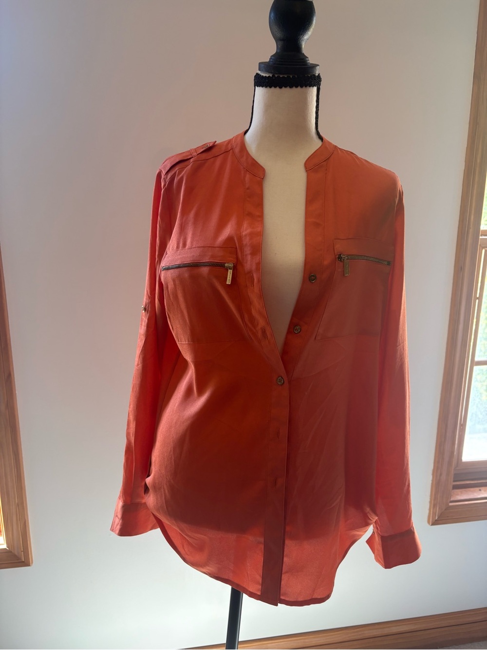 Calvin Klein Coral-Orange Button-Front Utility Blouse